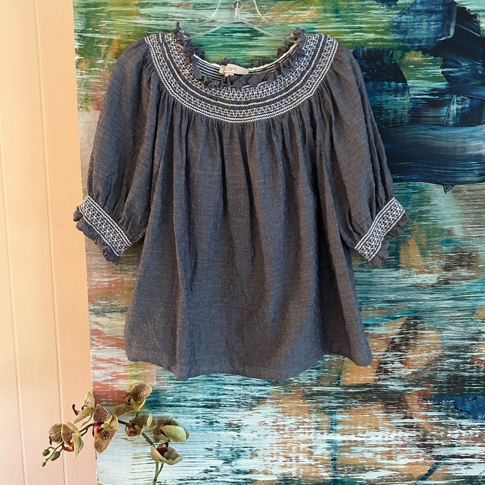 LOFT Blue Top with White Stitching. Size Large.